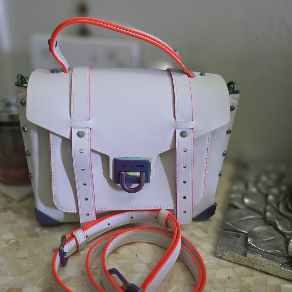 MICHAEL KORS Manhattan White Satchel with Neon Accents **EUC** - Picture 2 of 6